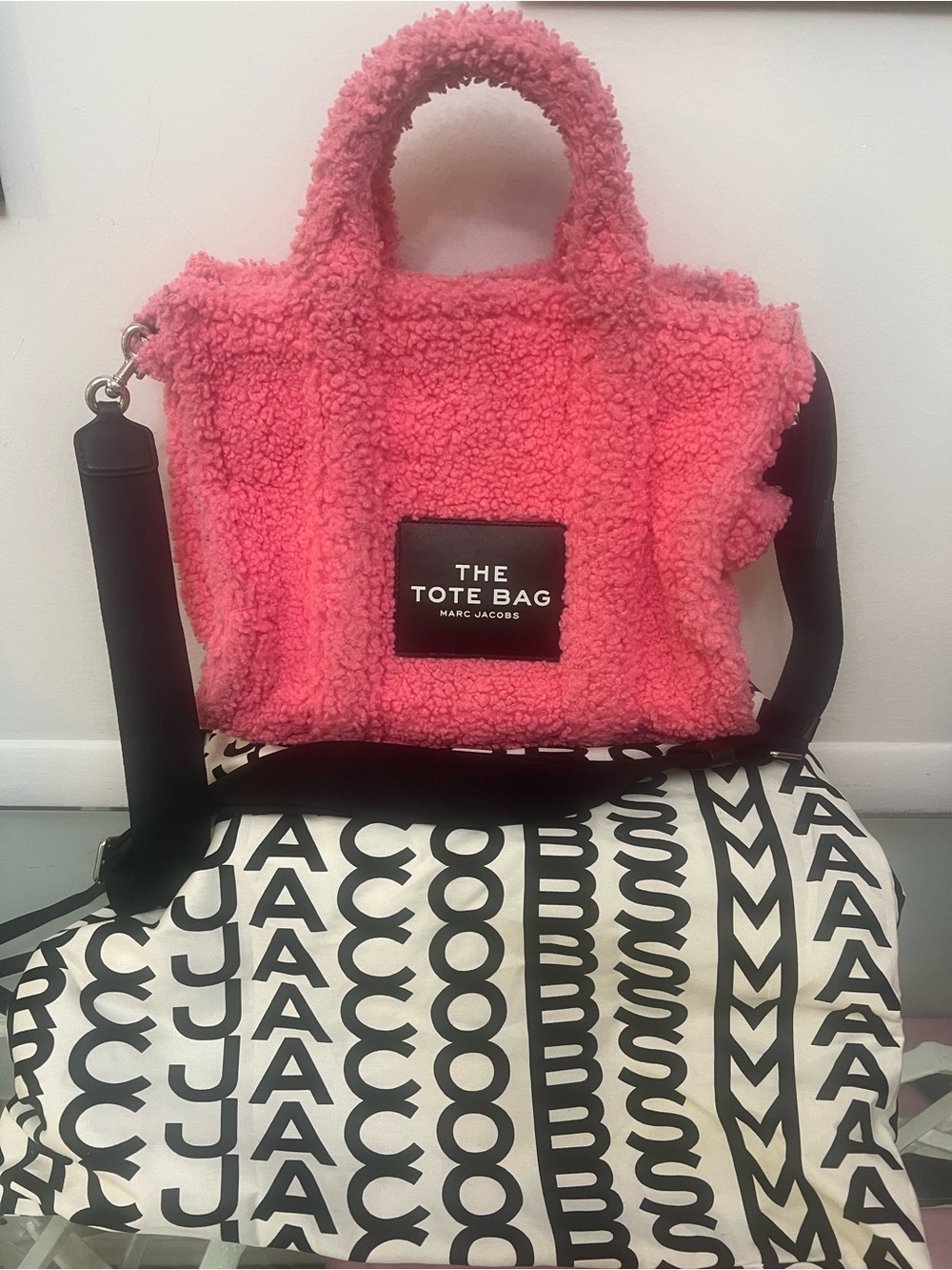 Marc Jacobs Pink Sherpa Tote with Black Strap and Logo Patch